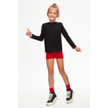 Siyah Basic Unisex Çocuk Mevsimlik Sıfır Yaka Uzun Kollu Tişört