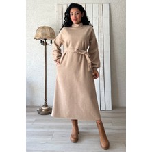 Küçüğüm Butik Uzun Bej Salaş Kaşe Elbise