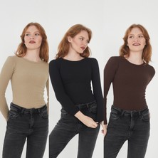 Wearflawless Kadın 3'lü Bisiklet Yaka Uzun Kollu Fitilli Bluz Set
