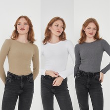 Wearflawless Kadın 3'lü Bisiklet Yaka Uzun Kollu Fitilli Bluz Set
