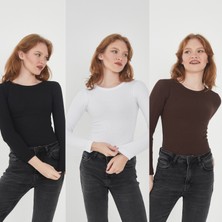 Wearflawless Kadın 3'lü Bisiklet Yaka Uzun Kollu Fitilli Bluz Set