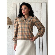 Küçüğüm Butik Yakalı Kahve Ekose Uzun Kollu Bluz