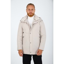 Erkek Yakası Kürklü Bej Kapüşonlu Kaban