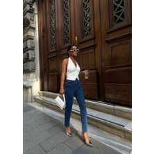 Likralı Koyu Lacivert Mom Jean Pantolon