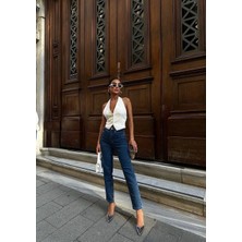 Likralı Koyu Lacivert Mom Jean Pantolon