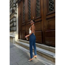Likralı Koyu Lacivert Mom Jean Pantolon