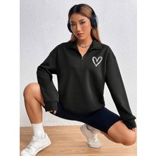 Kadın Siyah Love Figür Yarım Fermuarlı Dik Yaka Sweatshirt