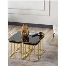 Home Plus Mobilya 4+1 Gold Kaplama Siyah Ayna Radüslü Orta Sehpa