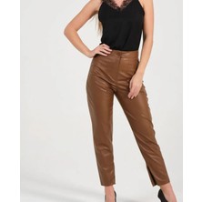 Taba Ön Pensli Kışlık Cepli Deri Pantolon Iç Bacak Paça Kısmın Fermuar Detaylı Yırtmaç