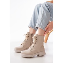 Bej Düz Topuklu Bağcıklı Fermuarlı Günlük Kadın Bot Bayan BOT02-356