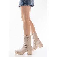 Bej Toka Aksesuarlı Fermuarlı Kalın Topuklu Günlük Kadın Bot Bayan BOT5109-30