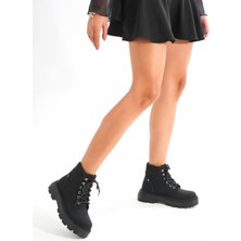 Kömür Siyahı Bağcıklı Kalın Taban Kadın Günlük Bot Bayan BOTLMÇ-204