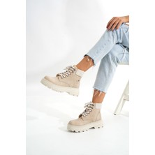 Bej Süet Bağcıklı Kalın Taban Kadın Günlük Bot Bayan BOTLMÇ-204