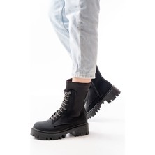 Siyah Zümrüt Düz Topuklu Bağcıklı Fermuarlı Günlük Kadın Bot Bayan BOT868-200