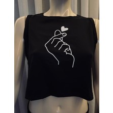Butik Parmak Kalp Desenli Yuvarlak Yakalı Kadın Kolsuz Crop Top, Spor Atlet Tişört, Rahat Spor Giyim