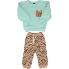 Su Yeşili Kahve Kedi Nakışlı Leopar Desenli 3 Ip 2'li Kız Bebek Takım - 1014922