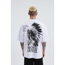 Machinist Erkek Indian Baskılı Oversize Beyaz Tişört