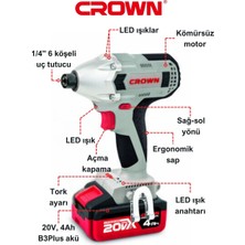 Crown Değişken Torklu Akülü Vidalama 20V-4AH 1/4" CT22021HX-4 Tb | Bakır Sargılı Kömürsüz Motorlu Çift Akülü Şarjlı Darbeli Vidalama