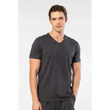 Cacharel 2170 Erkek Modal Pamuk V Yaka Kısa Kollu T-Shirt-Antrasit