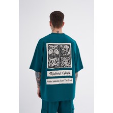 Machinist Erkek Etnik Baskılı Aplique Oversize Petrol Yeşili Tişört