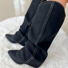 Eva Samli Boutique Süet Körüklü Kadın Topuklu Çizme Siyah