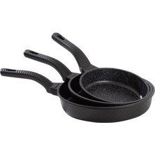 Oms 3737 Fry Pan Döküm Granit 3 Parça Tava Seti Siyah (20-24-28 Cm)