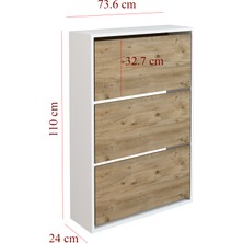 Jest Dekor Konsept Beyaz+Çam Ahşap 3 Bölmeli Düşer Kapaklı Ayakkabılık, 18 Çift Ayakkabı Kapasiteli - Ergonomik Tasarım, Demonte