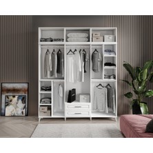 GuneyStore Ücretsiz Montaj - %100 MDF Gözde 6 Kapaklı Yüklüklü Beyaz Gardırop - MDF Dolap - Elbise Dolabı