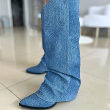 Eva Samli Boutique Süet Körüklü Kadın Topuklu Çizme Mavi