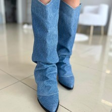 Eva Samli Boutique Süet Körüklü Kadın Topuklu Çizme Mavi
