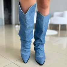 Eva Samli Boutique Süet Körüklü Kadın Topuklu Çizme Mavi