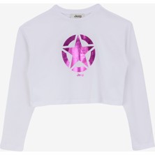 Ekru Kız Çocuk Bisiklet Yaka Oversize Pullu Uzun Kollu T-Shirt J4WG-TST7566