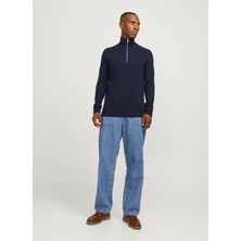 Jack & Jones Dik Yaka Regular Fit Lacivert Erkek Kazak 12258473_JJPANNEL Knıt Half Zıp Aw2