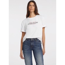 Beyaz Kadın Bisiklet Yaka Box Fit Desenli T-Shirt Gj Ss Cn Os Amerıcan - Organıc Cott