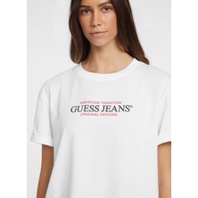 Beyaz Kadın Bisiklet Yaka Box Fit Desenli T-Shirt Gj Ss Cn Os Amerıcan - Organıc Cott