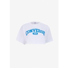 Converse Beyaz Kadın Yuvarlak Yaka Crop Top Baskılı T-Shirt Converse Sporty Cropped Tee Whıte