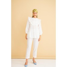 Luxe Fırfırlı ve Taşlı Keten Ekru Tunik Pantolon Takım