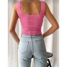 Kare Yaka Kalın Askılı Triko Bluz Crop