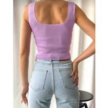 Kare Yaka Kalın Askılı Triko Bluz Crop