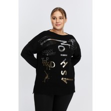 Rmg Büyük Beden Kayık Yaka Kaşmir Karışımlı Baskılı Triko Siyah