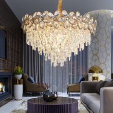 Apliqa Saral 60'lık Yuvarlak Gold Kristal Taşlı Modern Tasarım Salon Avize