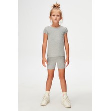 Gri Basic Kız Çocuk Sıfır Yaka Karpuz Kol Tişört