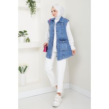 Kadın Mavi Denim Cepli Kot Yelek -PMK359