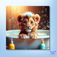 Abart Art Tekli Kare Kanvas  Küvette Banyo Yapan Yavru Aslan Tasarımı