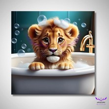 Abart Art Tekli Kare Kanvas  Küvette Banyo Yapan Yavru Aslan Tablosu
