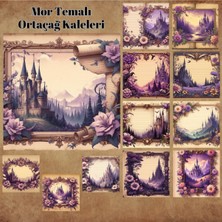 Pink Swan Craft Mor Temalı Ortaçağ Kaleleri Vintage 12 Adet Scrapbook Bullet Journal Mat Planlayıcı Sticker Etiket