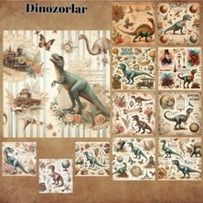 Pink Swan Craft Dinozorlar Vintage 12 Adet Scrapbook Bullet Journal Mat Planlayıcı Sticker Etiket Seti