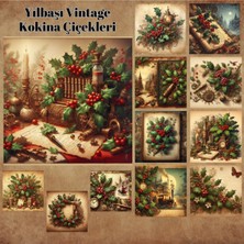 Pink Swan Craft Yılbaşı Kokina Çiçekleri Vintage 12 Adet Scrapbook Bullet Journal Mat Planlayıcı Sticker Etiket Seti