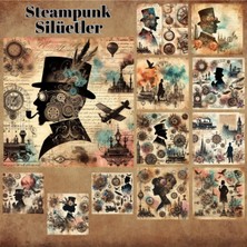 Pink Swan Craft Steampunk Silüetler Vintage 12 Adet Scrapbook Bullet Journal Mat Planlayıcı Sticker Etiket Seti
