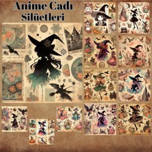 Pink Swan Craft Anime Cadı Silüetleri Vintage 12 Adet Scrapbook Bullet Journal Mat Planlayıcı Sticker Etiket Seti